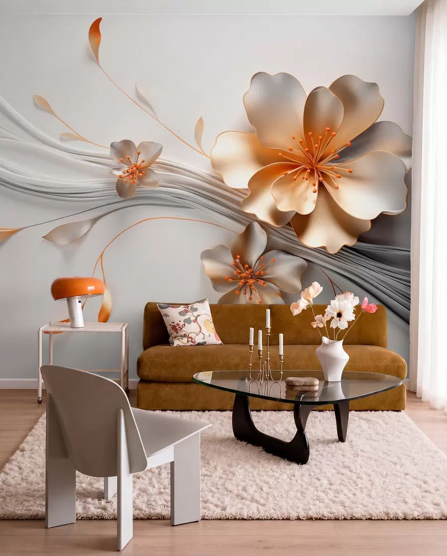 Fototapet En orange blomma på en grå abstrakt bakgrund w09004
