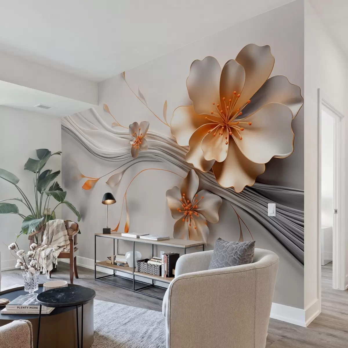 Fototapet En orange blomma på en grå abstrakt bakgrund w09004