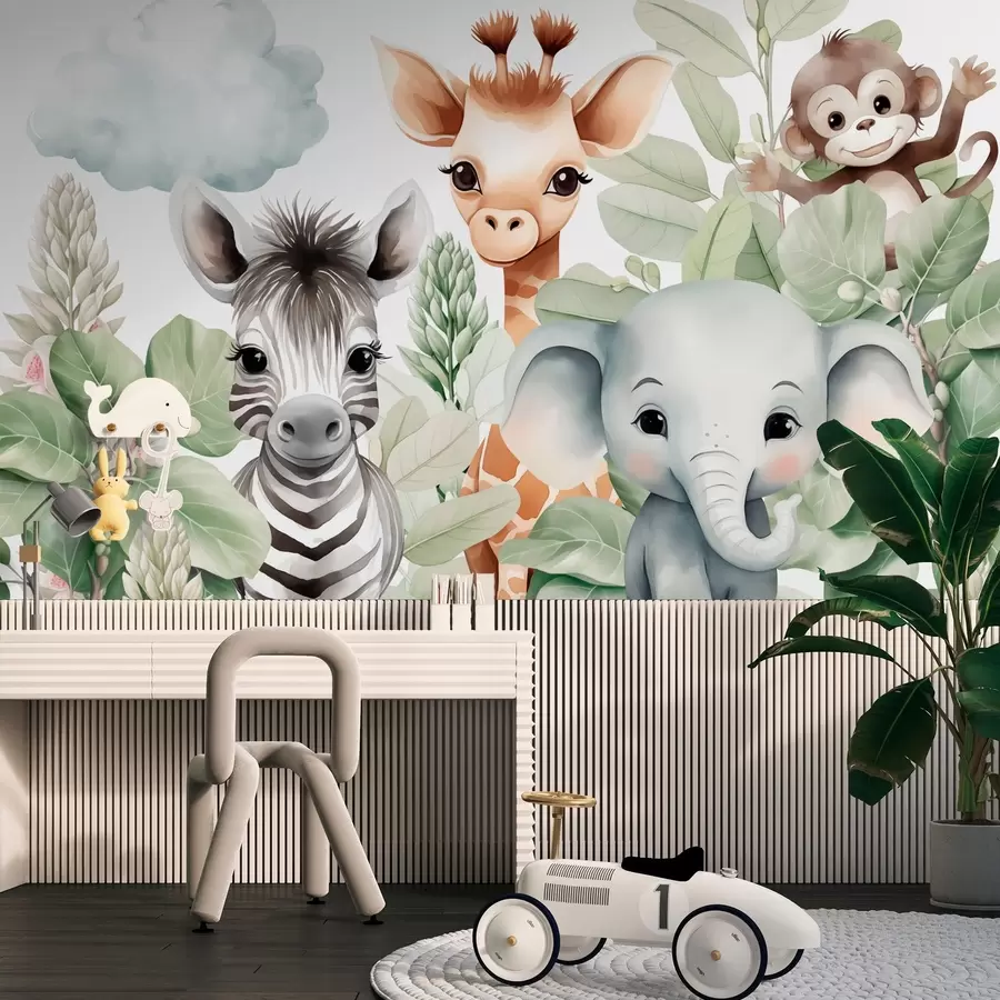 Fototapet Giraff, zebra, elefant och apa bland lövverken w03677