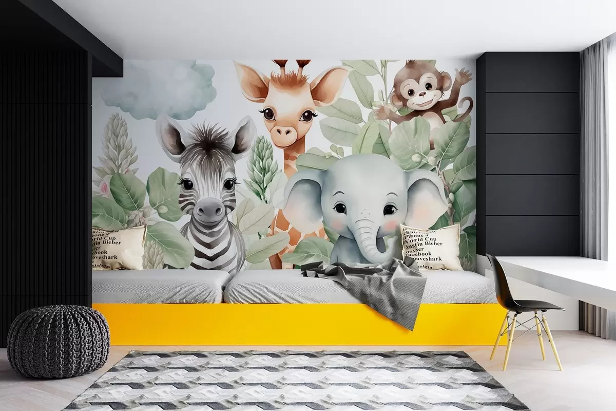 Fototapet Giraff, zebra, elefant och apa bland lövverken w03677