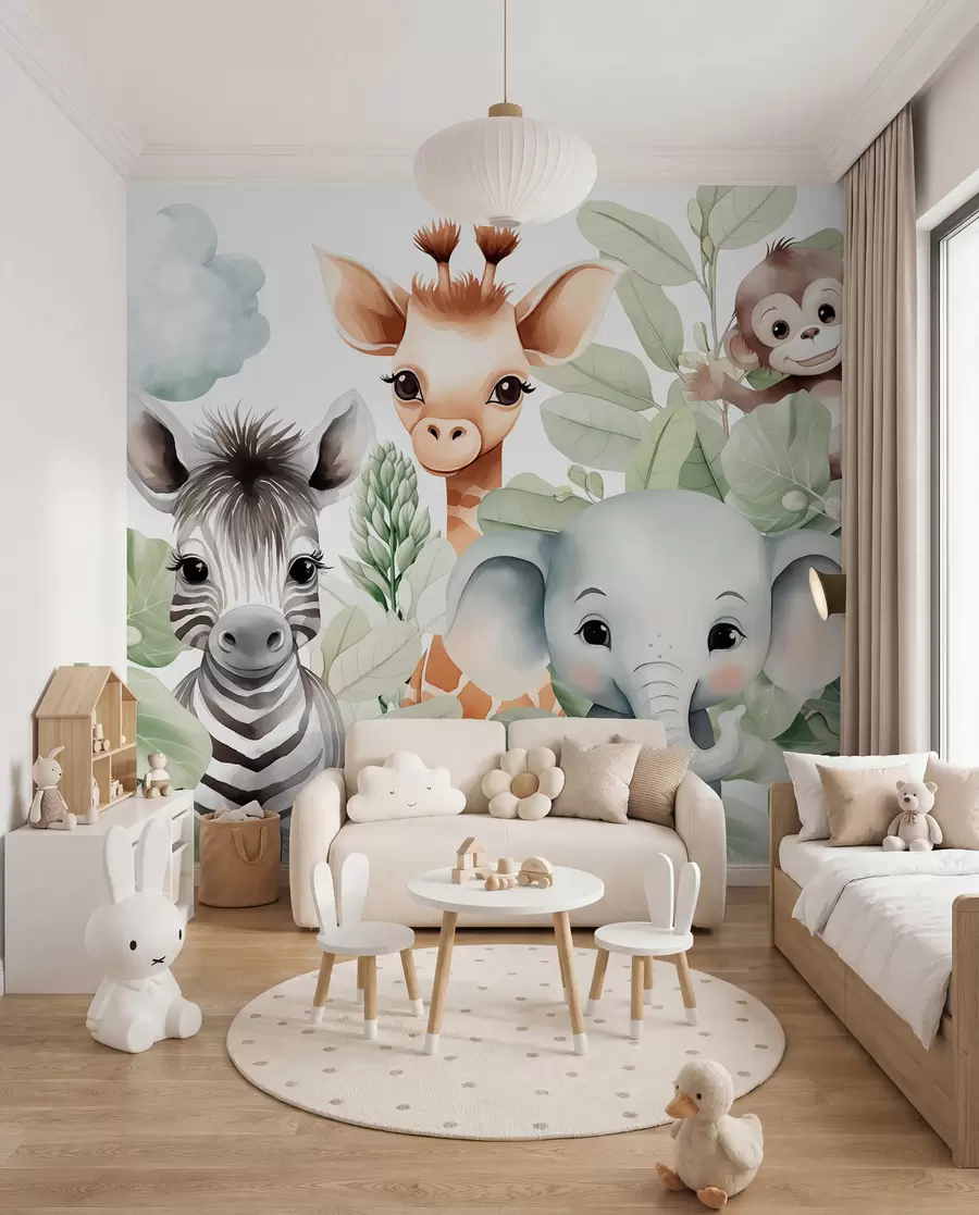 Fototapet Giraff, zebra, elefant och apa bland lövverken w03677