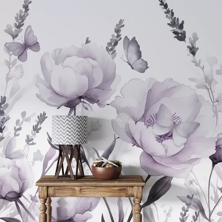 Fototapet Blomsteräng, pioner, lavendel, fjärilar, akvarellstil, poppelfärger w03668v3