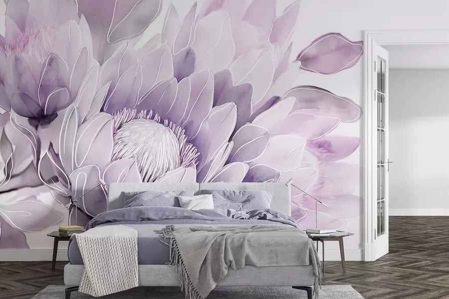 Fototapet Vackra proteablommor, linjeteckning, tropisk, lila färger w03669v1