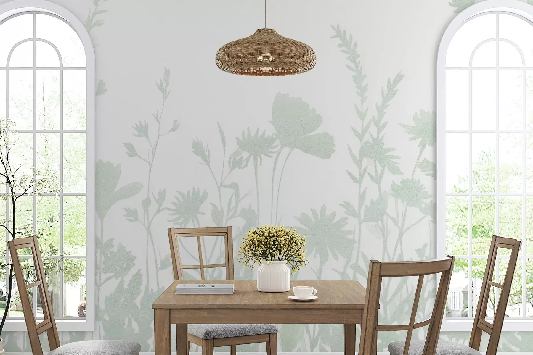 Fototapet Sommaräng, rustik, blommor, grön färgpalett  w03670v3