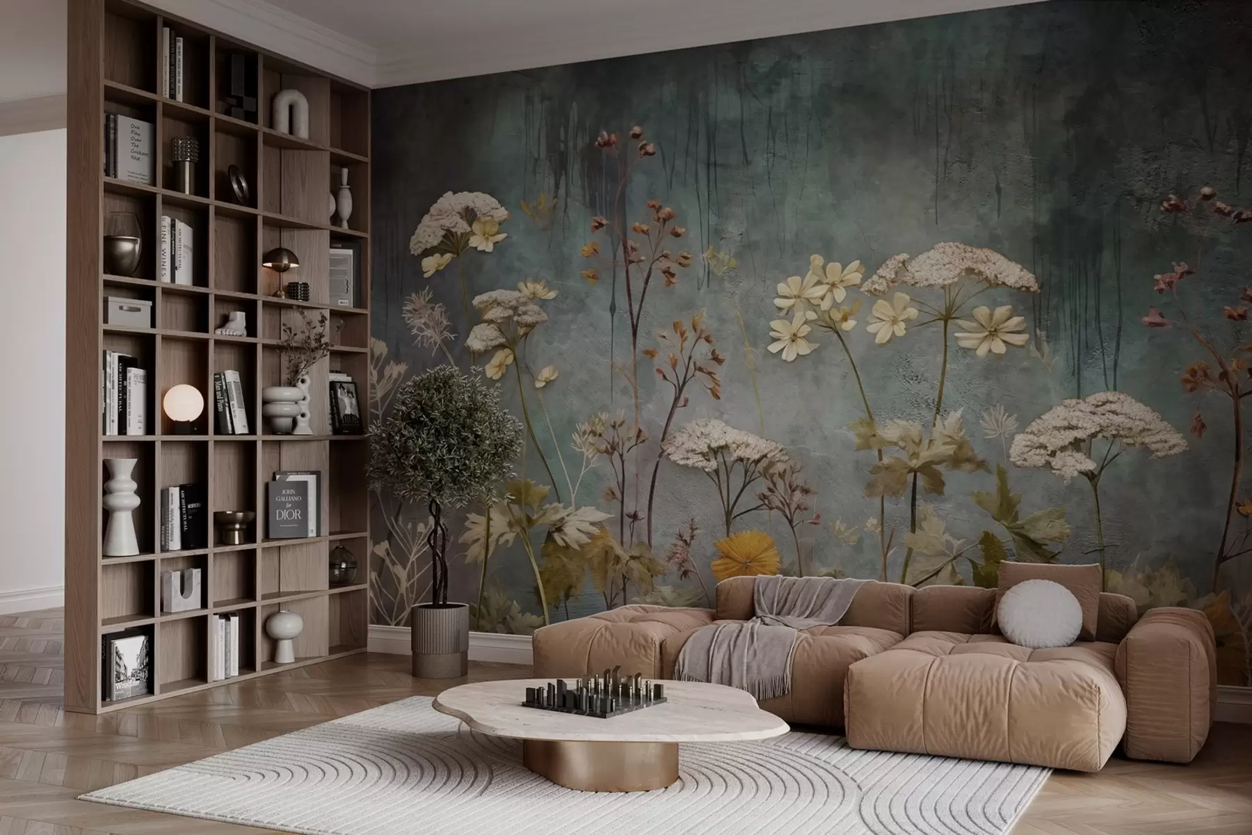 Fototapet Vilda blommor och gräs på bakgrund av grungevägg w03697
