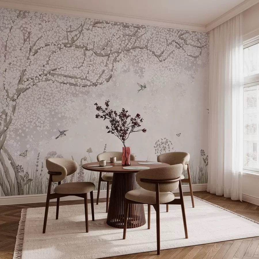 Fototapet Blommande träd med vildblommor och fåglar w03700