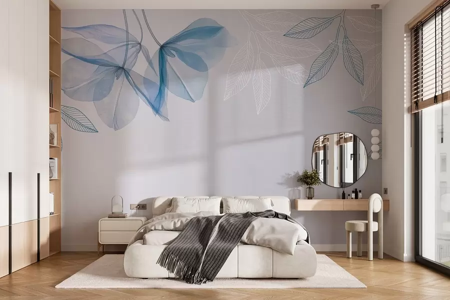 Fototapet skira genomskinliga blommor och blad i blå toner w03616