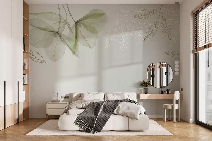 Fototapet skira genomskinliga blommor och blad i khakifärgade toner w03616v2