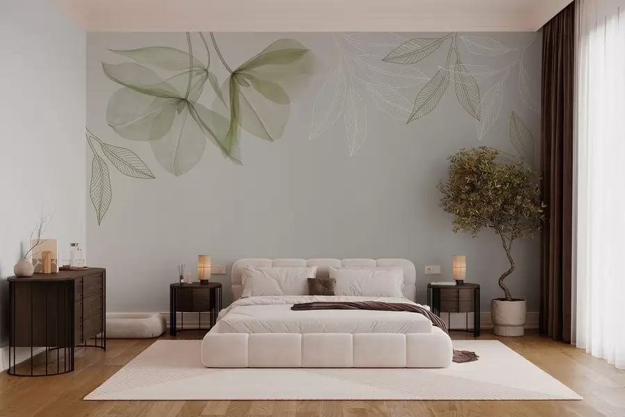 Fototapet skira genomskinliga blommor och blad i khakifärgade toner w03616v2