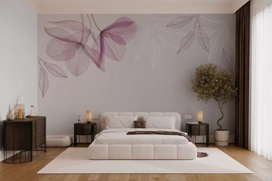 Fototapet skira genomskinliga blommor och blad i lila toner w03616v4