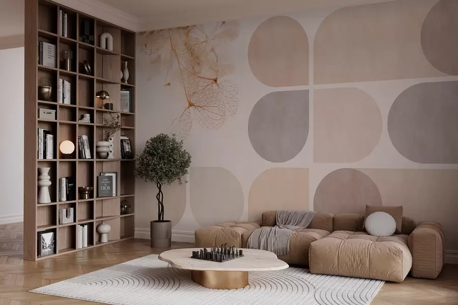 Fototapet geometri och torkade blommor med ådror i beige toner w03617