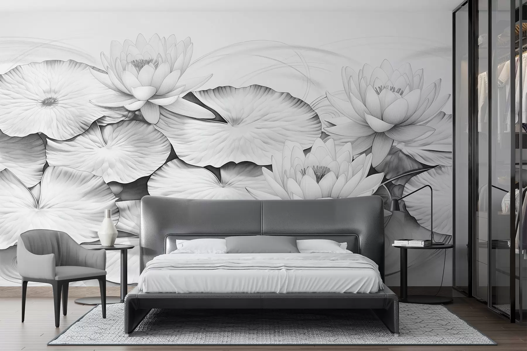 Fototapet Näckrosor och näckrosblad i en damm, svartvit imitation av blyertsteckning, detaljerad botanisk illustration, naturkonst w09006