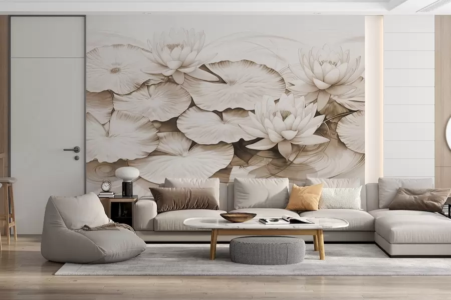 Fototapet Näckrosor och näckrosblad i en damm, brunvit imitation av blyertsteckning, detaljerad botanisk illustration, naturkonst w09006v2