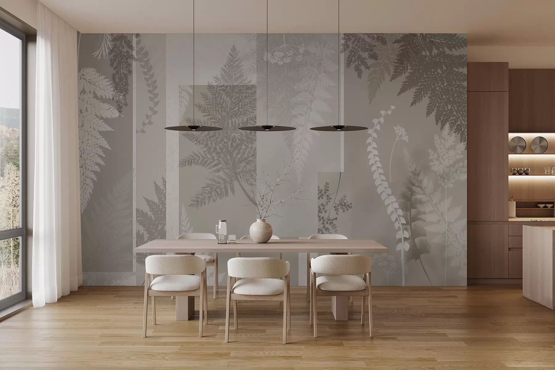 Fototapet Ormbunksblad i beige och vitt, arrangerade i vertikala ränder, vilket skapar ett botaniskt och minimalistiskt tryck, mjuka och dämpade färger w09007