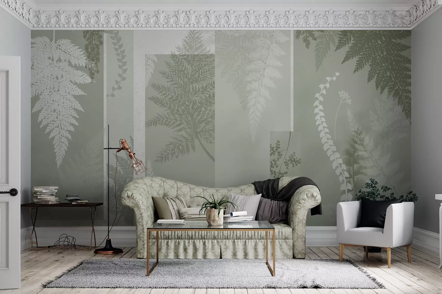 Fototapet Ormbunksblad i grönt och vitt, arrangerade i vertikala ränder, vilket skapar ett botaniskt och minimalistiskt tryck, mjuka och dämpade färger w09007v2