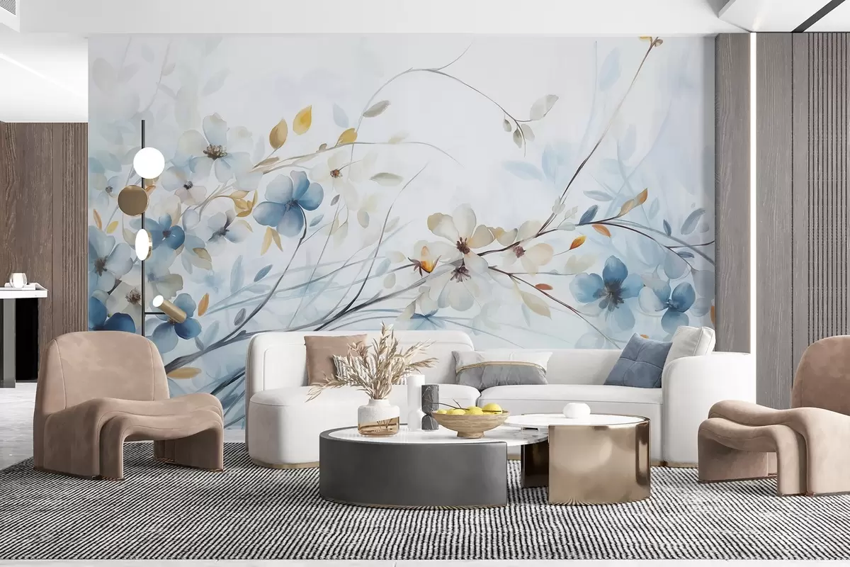 Fototapet Blomsterarrangemang med blå, orange blad och vita blommor, skira kronblad, tunna grenar, mjuka färger, akvarelleffekt w09009