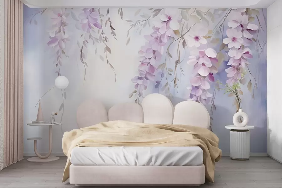 Fototapet Blåregnblommor med lila kronblad och gröna blad som hänger från grenar, mjuka pastellfärger, pastellfärgad bakgrund w09010