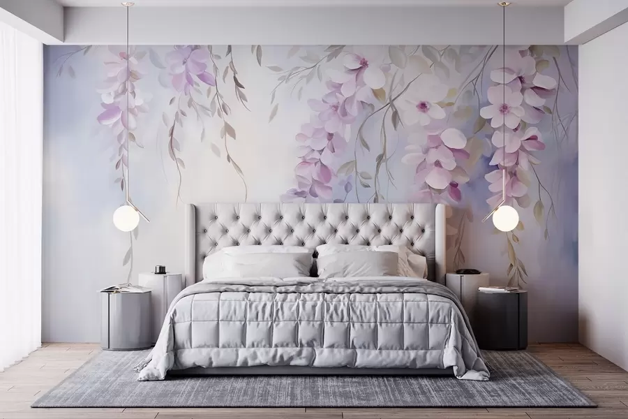 Fototapet Blåregnblommor med lila kronblad och gröna blad som hänger från grenar, mjuka pastellfärger, pastellfärgad bakgrund w09010