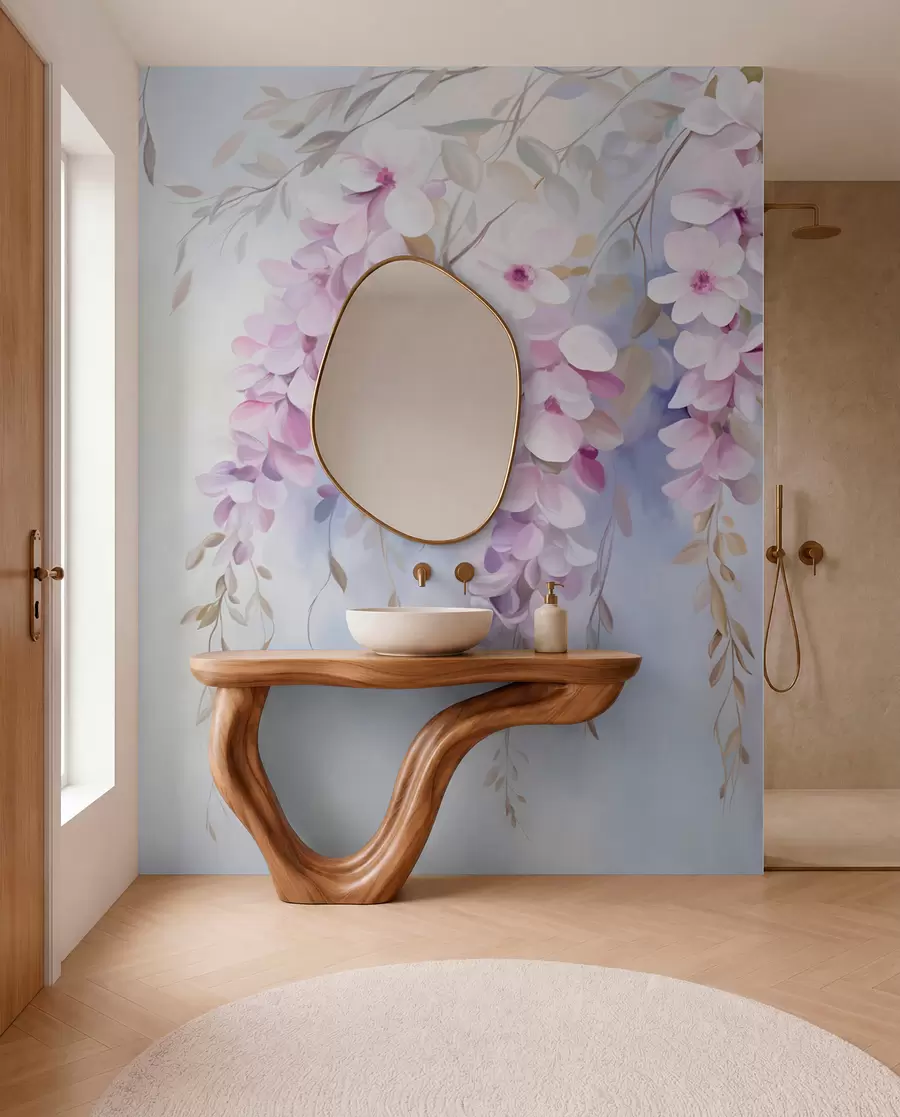 Fototapet Blåregnblommor med lila kronblad och gröna blad som hänger från grenar, mjuka pastellfärger, pastellfärgad bakgrund w09010