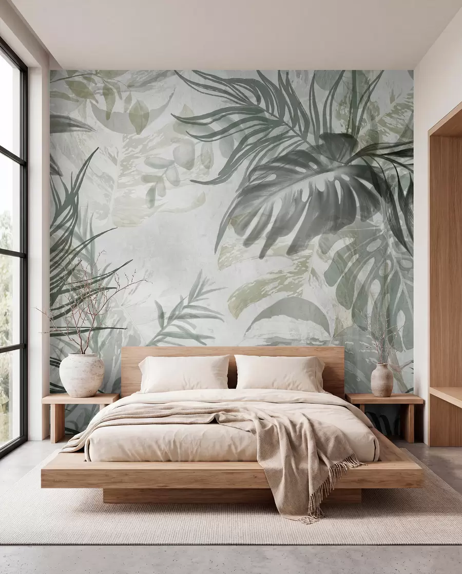 Fototapet Monstera och palmblad i nyanser av grönt och grått, botaniskt, tropiskt bladverk, djungelväxter, texturerad bakgrund w09011