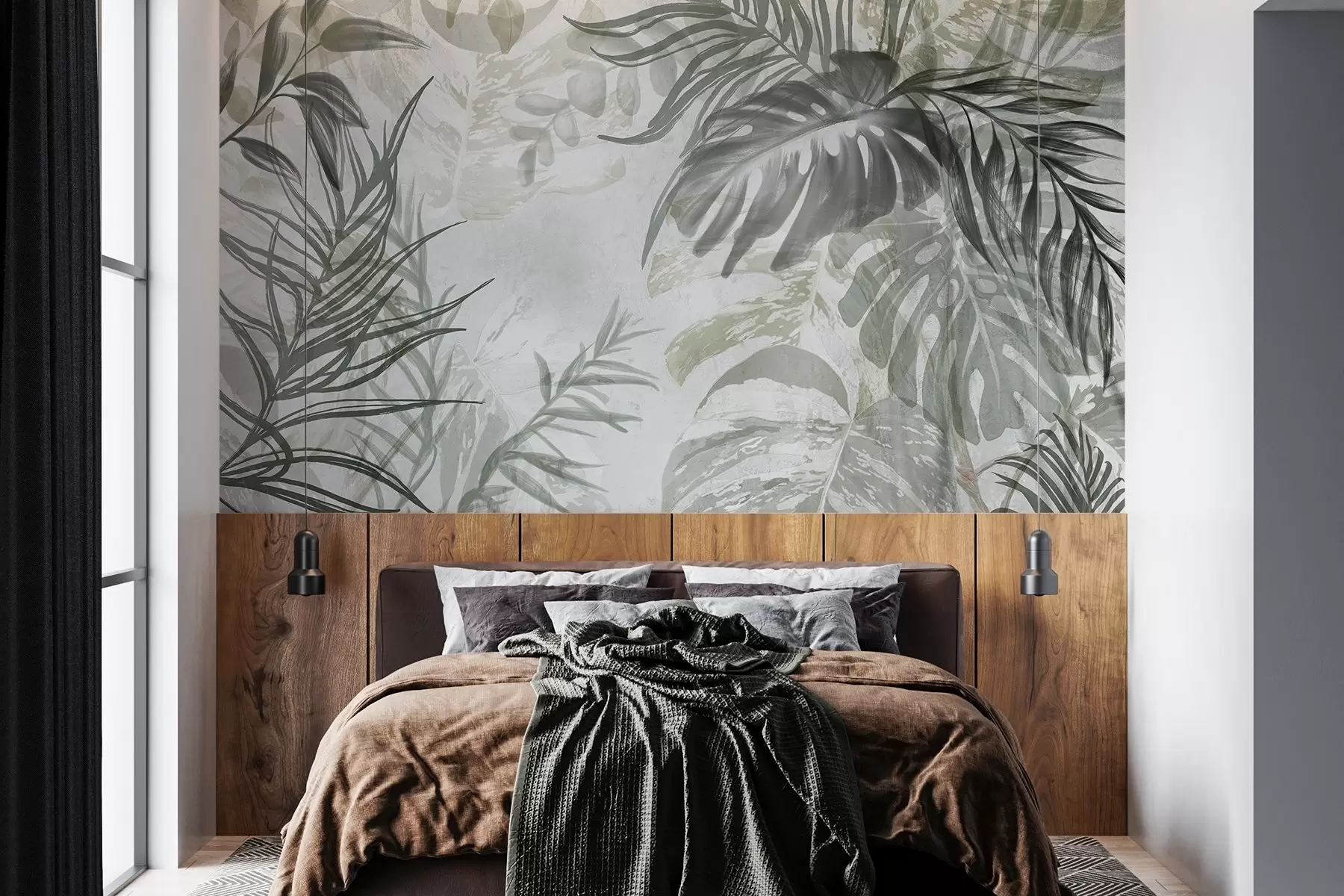 Fototapet Monstera och palmblad i nyanser av grönt och grått, botaniskt, tropiskt bladverk, djungelväxter, texturerad bakgrund w09011