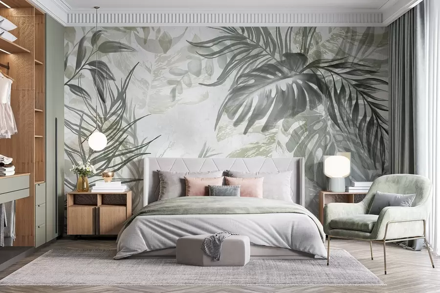 Fototapet Monstera och palmblad i nyanser av grönt och grått, botaniskt, tropiskt bladverk, djungelväxter, texturerad bakgrund w09011
