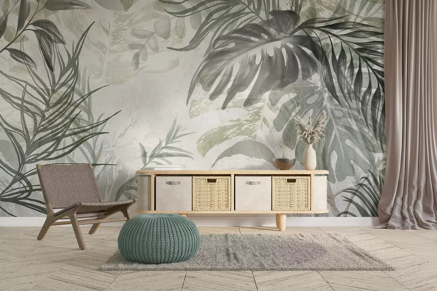Fototapet Monstera och palmblad i nyanser av grönt och grått, botaniskt, tropiskt bladverk, djungelväxter, texturerad bakgrund w09011