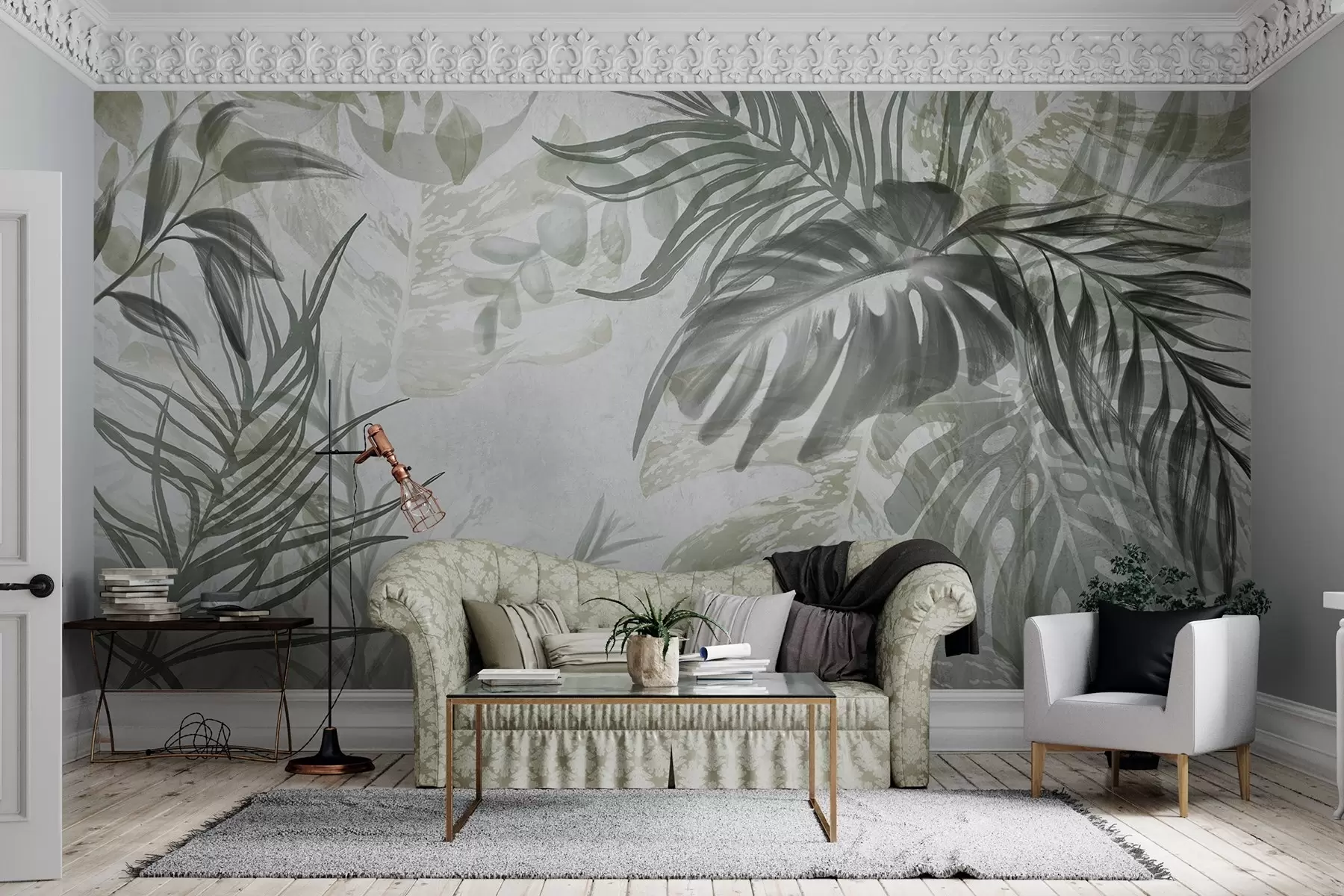 Fototapet Monstera och palmblad i nyanser av grönt och grått, botaniskt, tropiskt bladverk, djungelväxter, texturerad bakgrund w09011