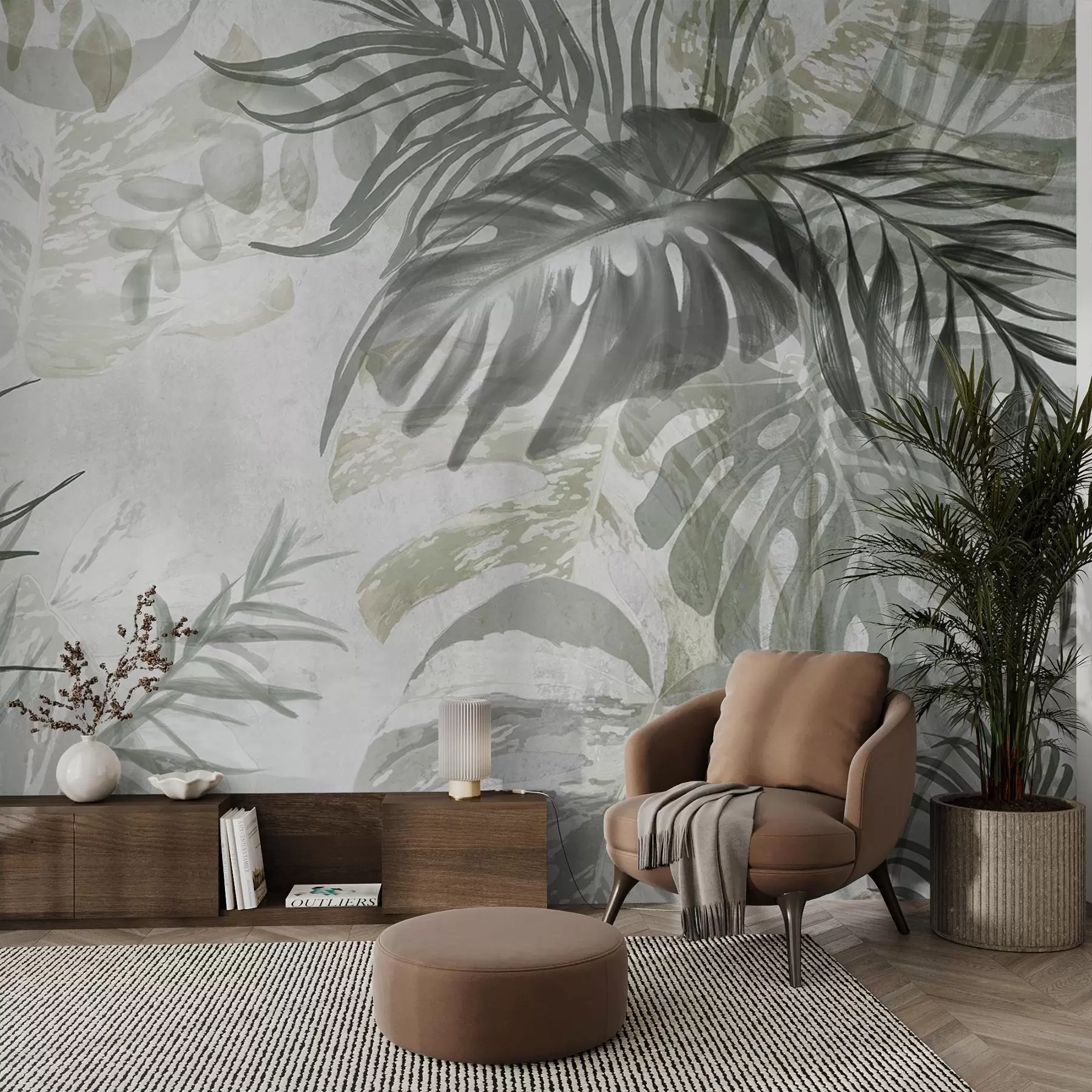 Fototapet Monstera och palmblad i nyanser av grönt och grått, botaniskt, tropiskt bladverk, djungelväxter, texturerad bakgrund w09011