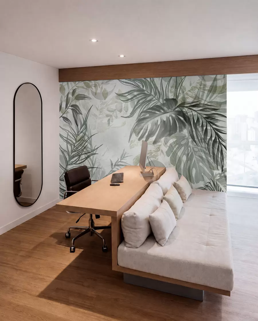 Fototapet Monstera och palmblad i nyanser av grönt och grått, botaniskt, tropiskt bladverk, djungelväxter, texturerad bakgrund w09011