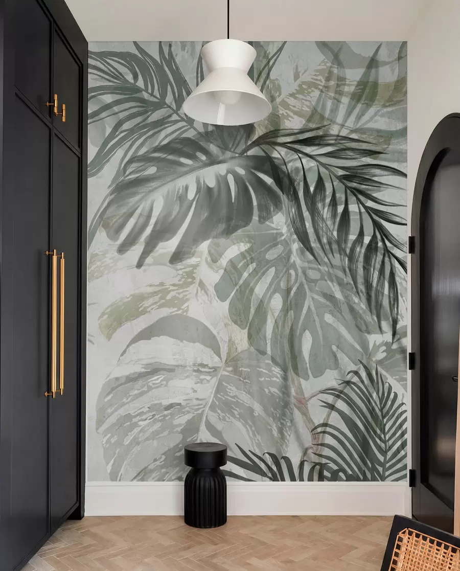 Fototapet Monstera och palmblad i nyanser av grönt och grått, botaniskt, tropiskt bladverk, djungelväxter, texturerad bakgrund w09011