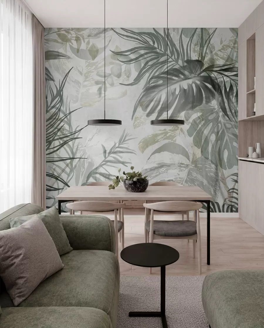 Fototapet Monstera och palmblad i nyanser av grönt och grått, botaniskt, tropiskt bladverk, djungelväxter, texturerad bakgrund w09011