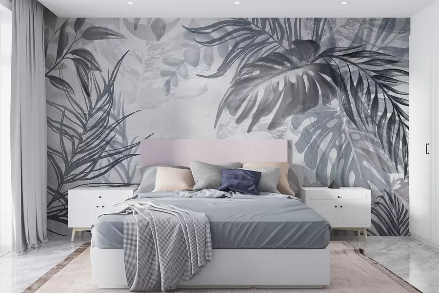 Fototapet Monstera och palmblad i nyanser av blått och grått, botaniskt, tropiskt bladverk, djungelväxter, texturerad bakgrund w09011v1