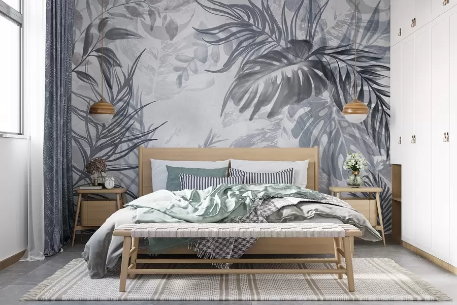Fototapet Monstera och palmblad i nyanser av blått och grått, botaniskt, tropiskt bladverk, djungelväxter, texturerad bakgrund w09011v1