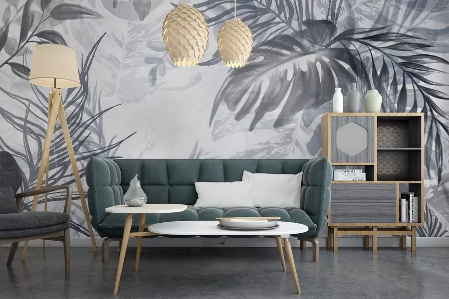Fototapet Monstera och palmblad i nyanser av blått och grått, botaniskt, tropiskt bladverk, djungelväxter, texturerad bakgrund w09011v1