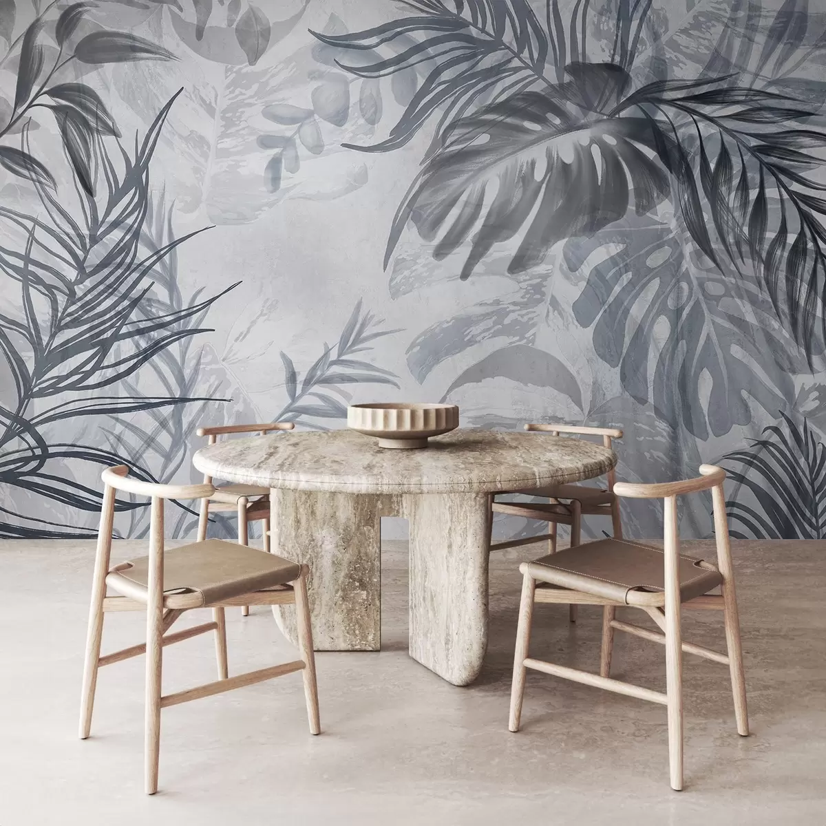 Fototapet Monstera och palmblad i nyanser av blått och grått, botaniskt, tropiskt bladverk, djungelväxter, texturerad bakgrund w09011v1