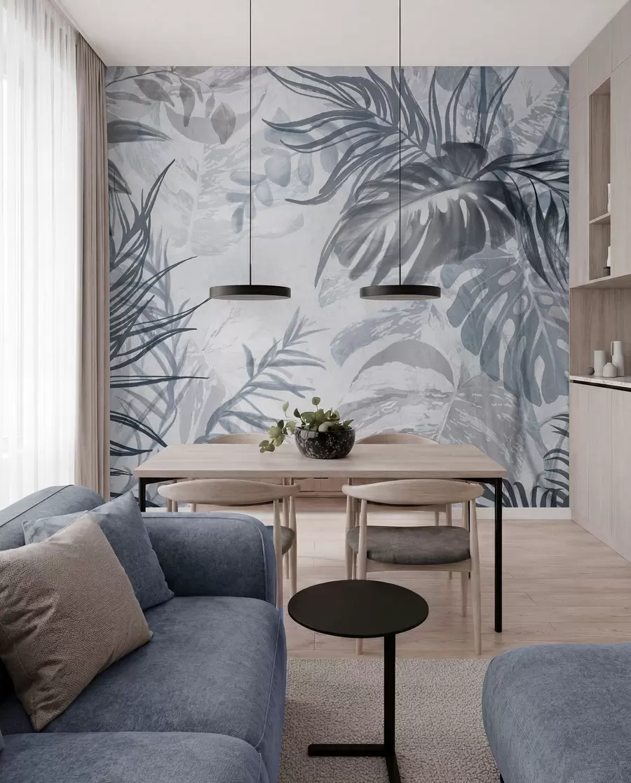 Fototapet Monstera och palmblad i nyanser av blått och grått, botaniskt, tropiskt bladverk, djungelväxter, texturerad bakgrund w09011v1