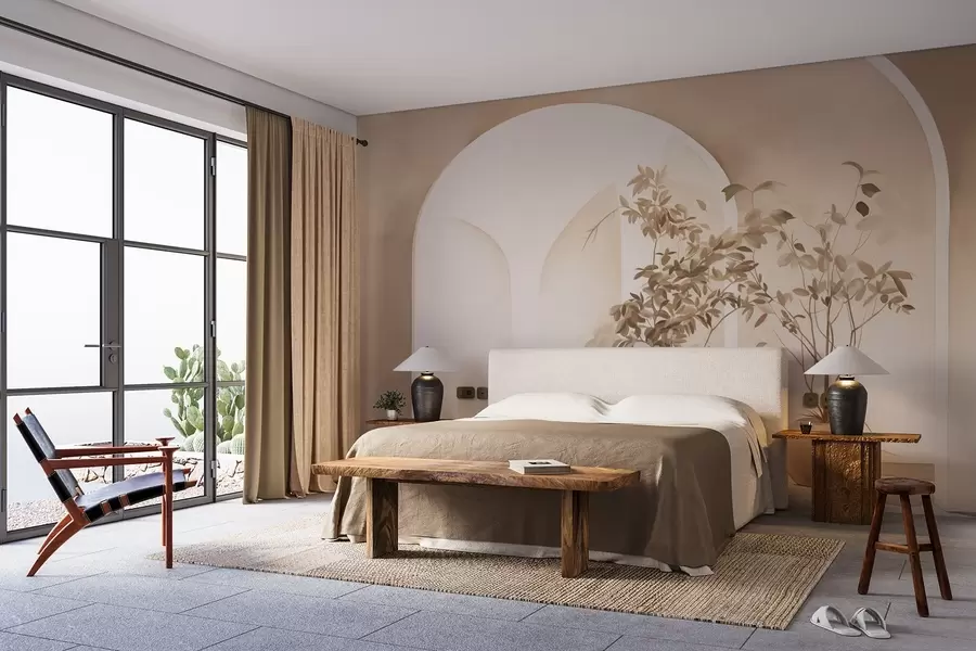 Fototapet Växter i krukor med beige toner framför abstrakta bågar, minimalistisk stil, elegant och ren, neutral bakgrund w09013