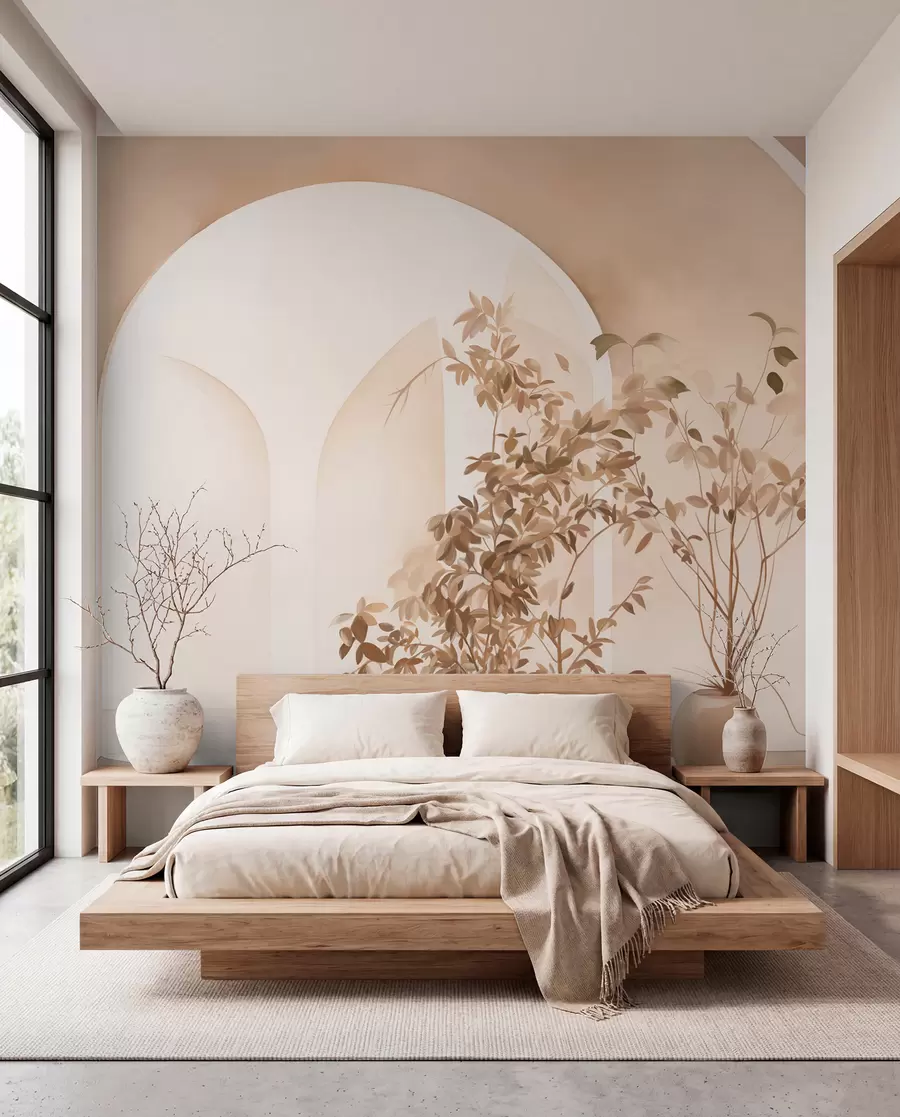 Fototapet Växter i krukor med beige toner framför abstrakta bågar, minimalistisk stil, elegant och ren, neutral bakgrund w09013
