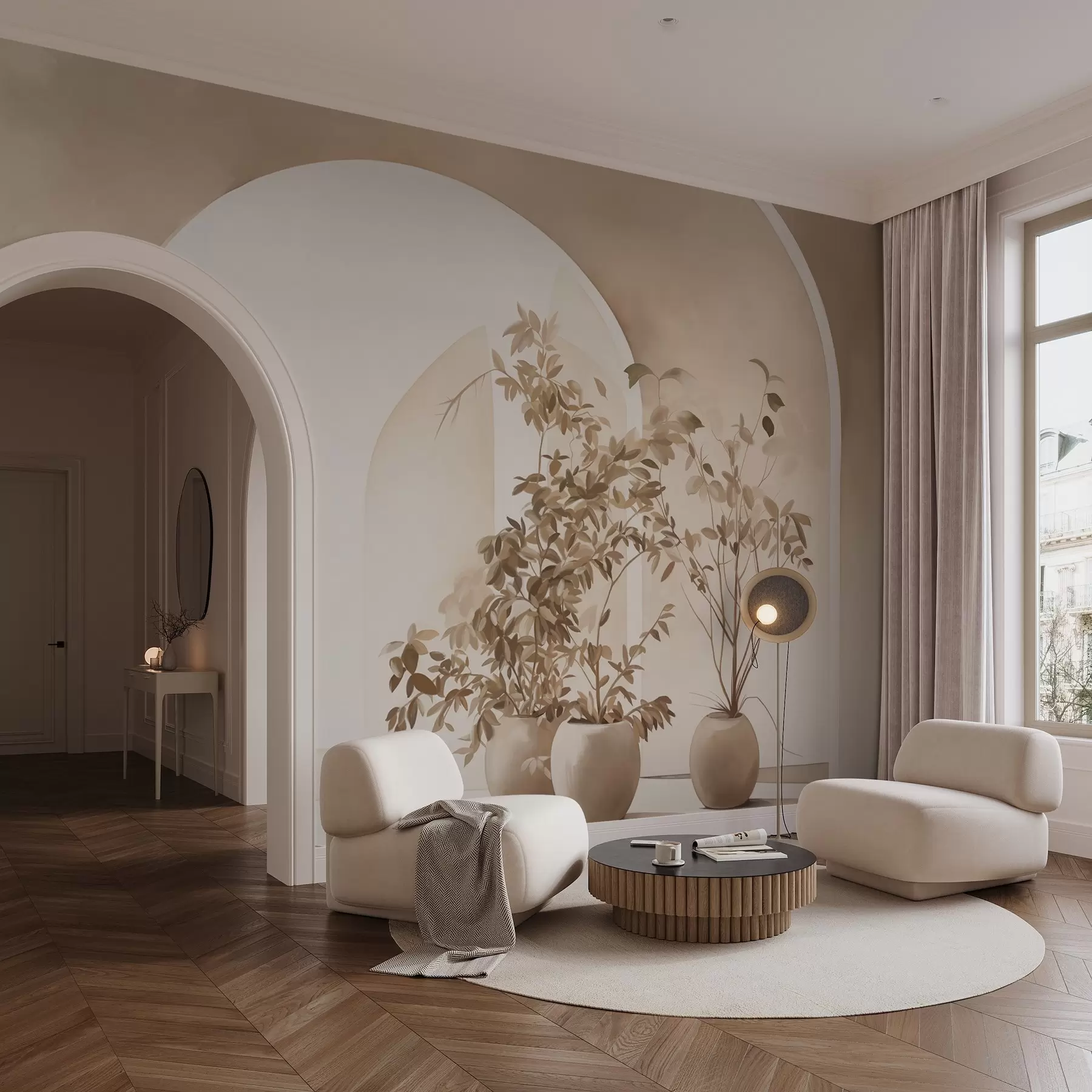 Fototapet Växter i krukor med beige toner framför abstrakta bågar, minimalistisk stil, elegant och ren, neutral bakgrund w09013