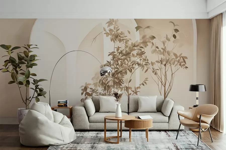 Fototapet Växter i krukor med beige toner framför abstrakta bågar, minimalistisk stil, elegant och ren, neutral bakgrund w09013