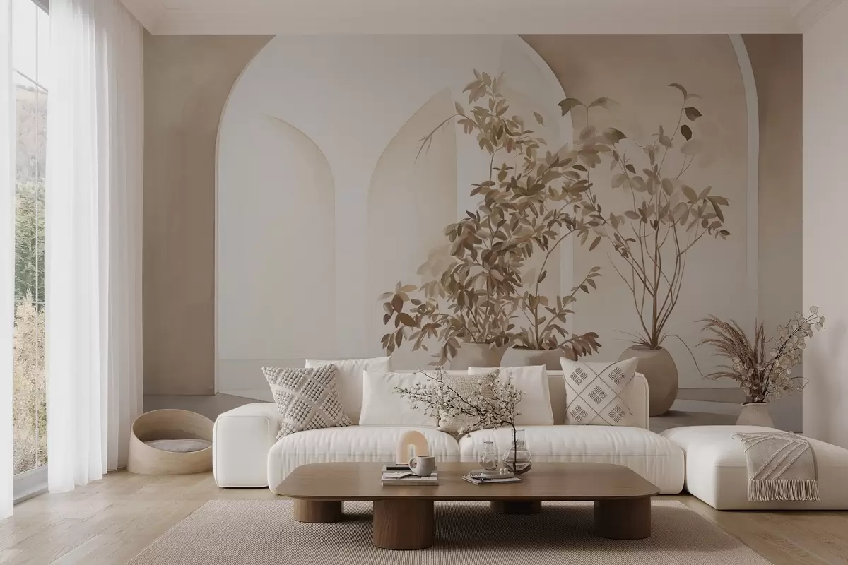 Fototapet Växter i krukor med beige toner framför abstrakta bågar, minimalistisk stil, elegant och ren, neutral bakgrund w09013