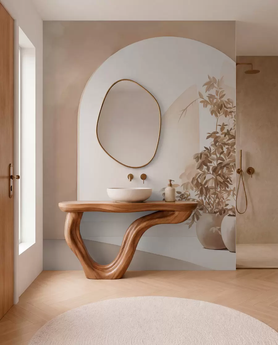 Fototapet Växter i krukor med beige toner framför abstrakta bågar, minimalistisk stil, elegant och ren, neutral bakgrund w09013