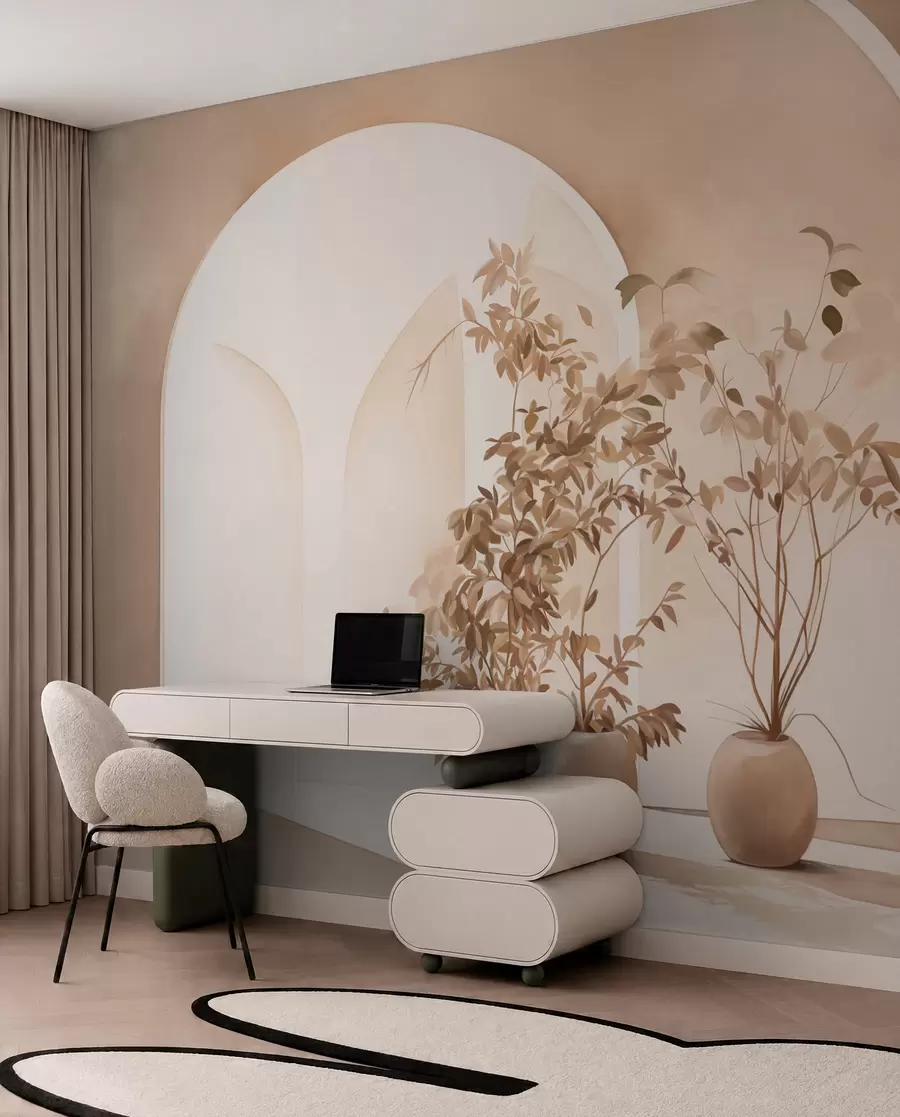 Fototapet Växter i krukor med beige toner framför abstrakta bågar, minimalistisk stil, elegant och ren, neutral bakgrund w09013