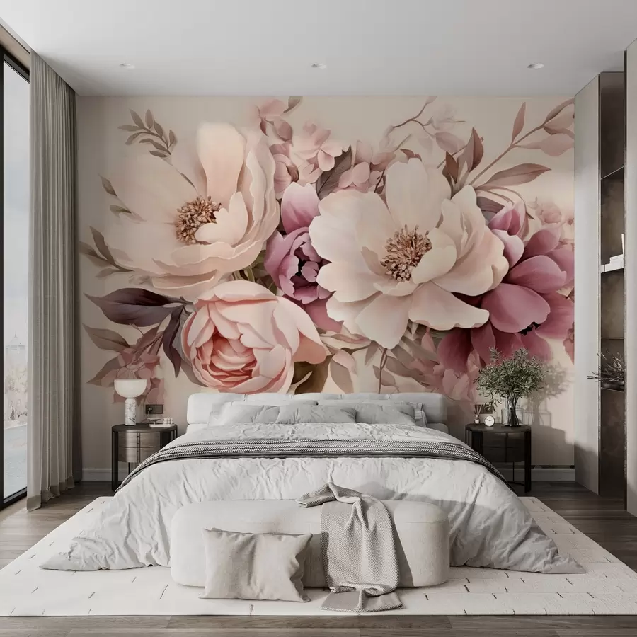 Fototapet Delikat komposition av rosa och beige blommor, pioner med blad w09019