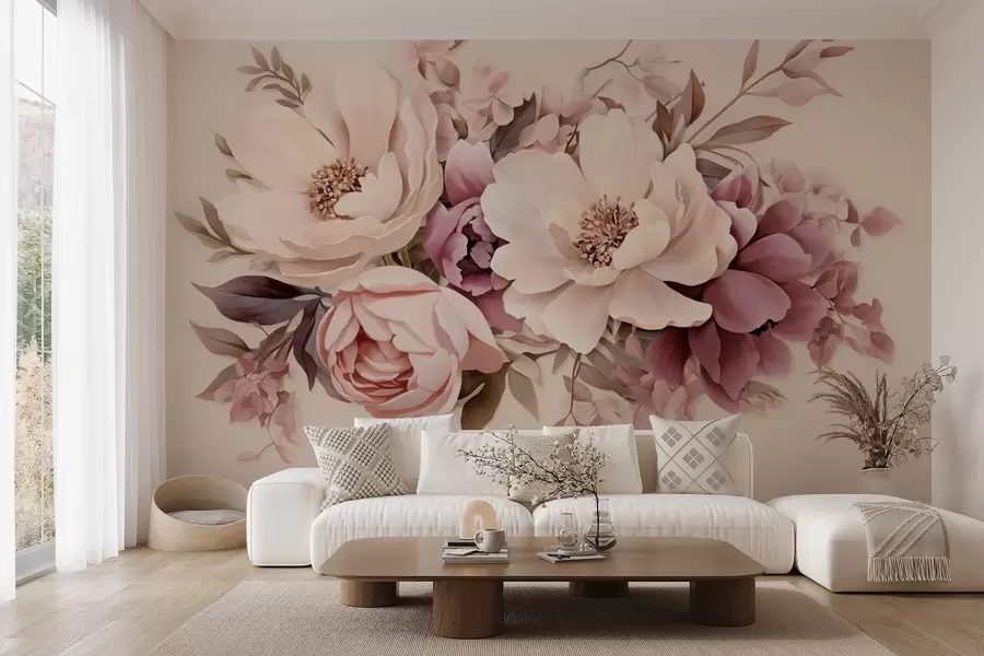 Fototapet Delikat komposition av rosa och beige blommor, pioner med blad w09019