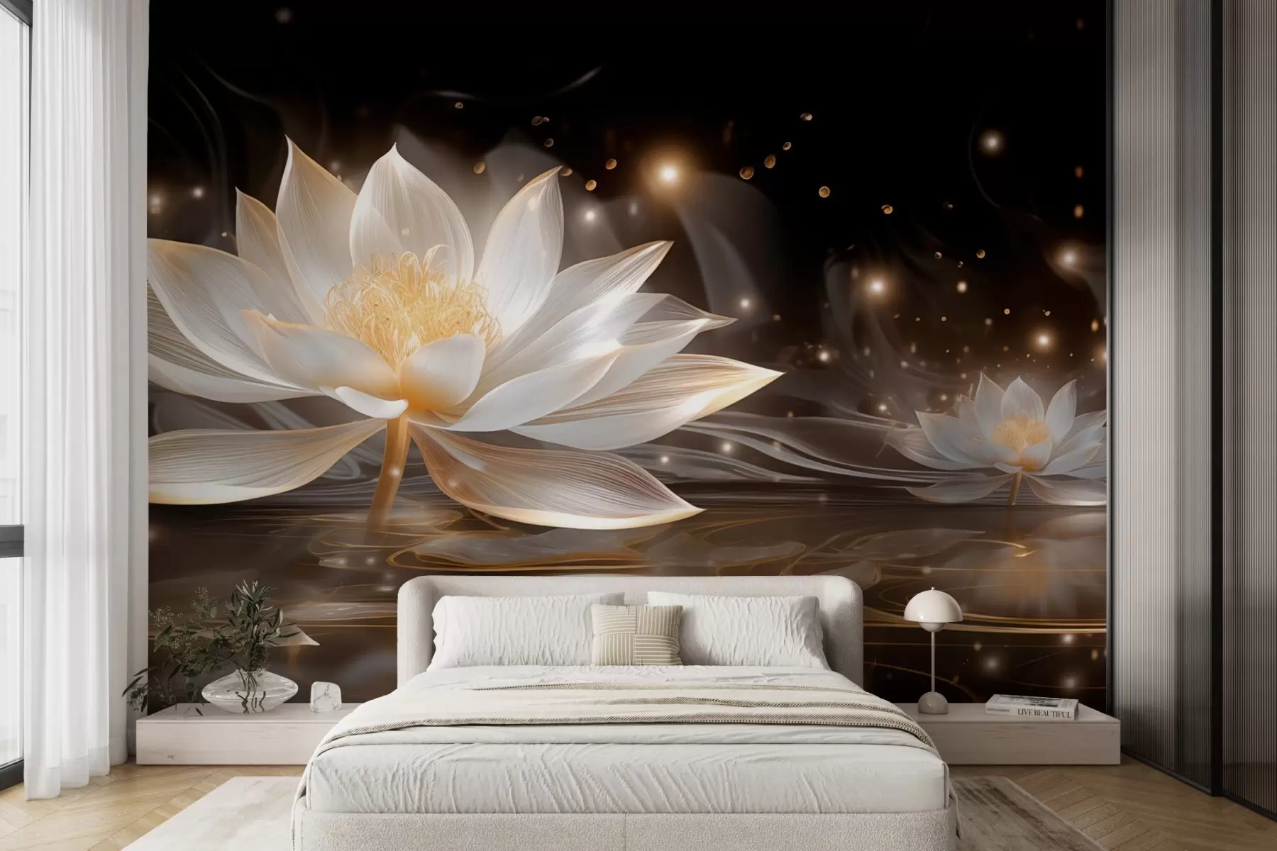 Fototapet Eleganta vita näckrosor på mörkt vatten w09021