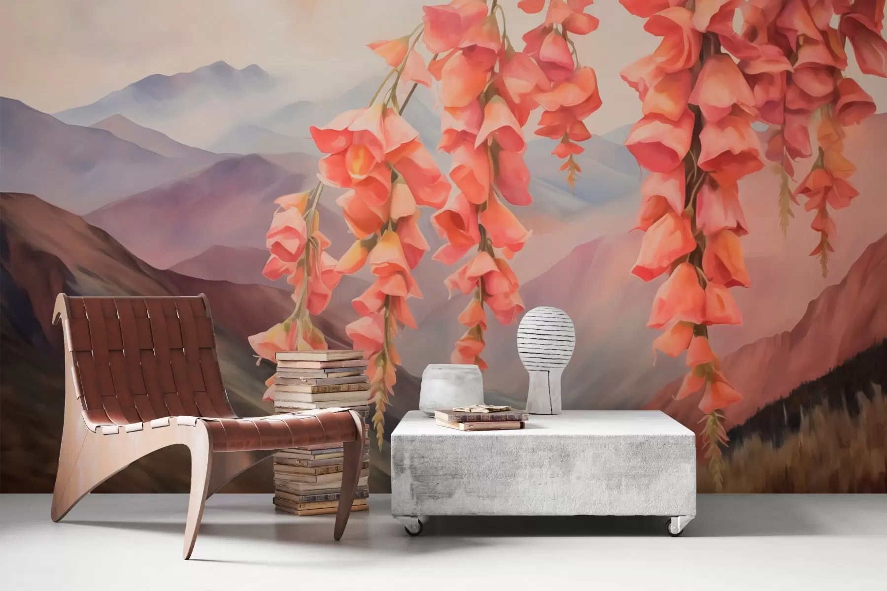 Fototapet Hängande blommor mot en bakgrund av berg w03776