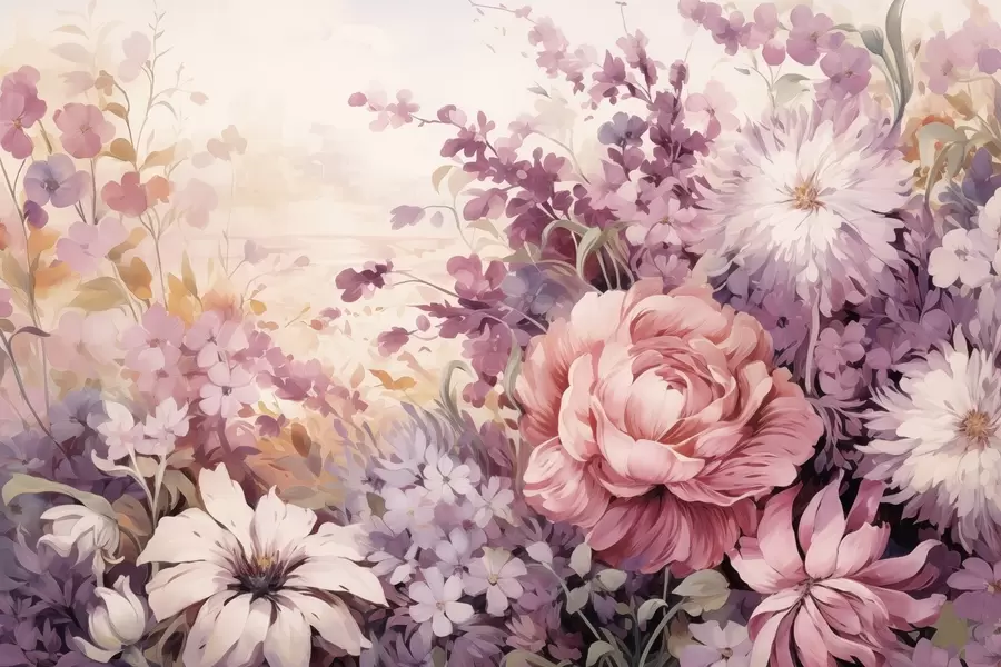 Fototapet Färgstarka blommor i rosa och lila toner: syrener, pioner, krysantemum w09039