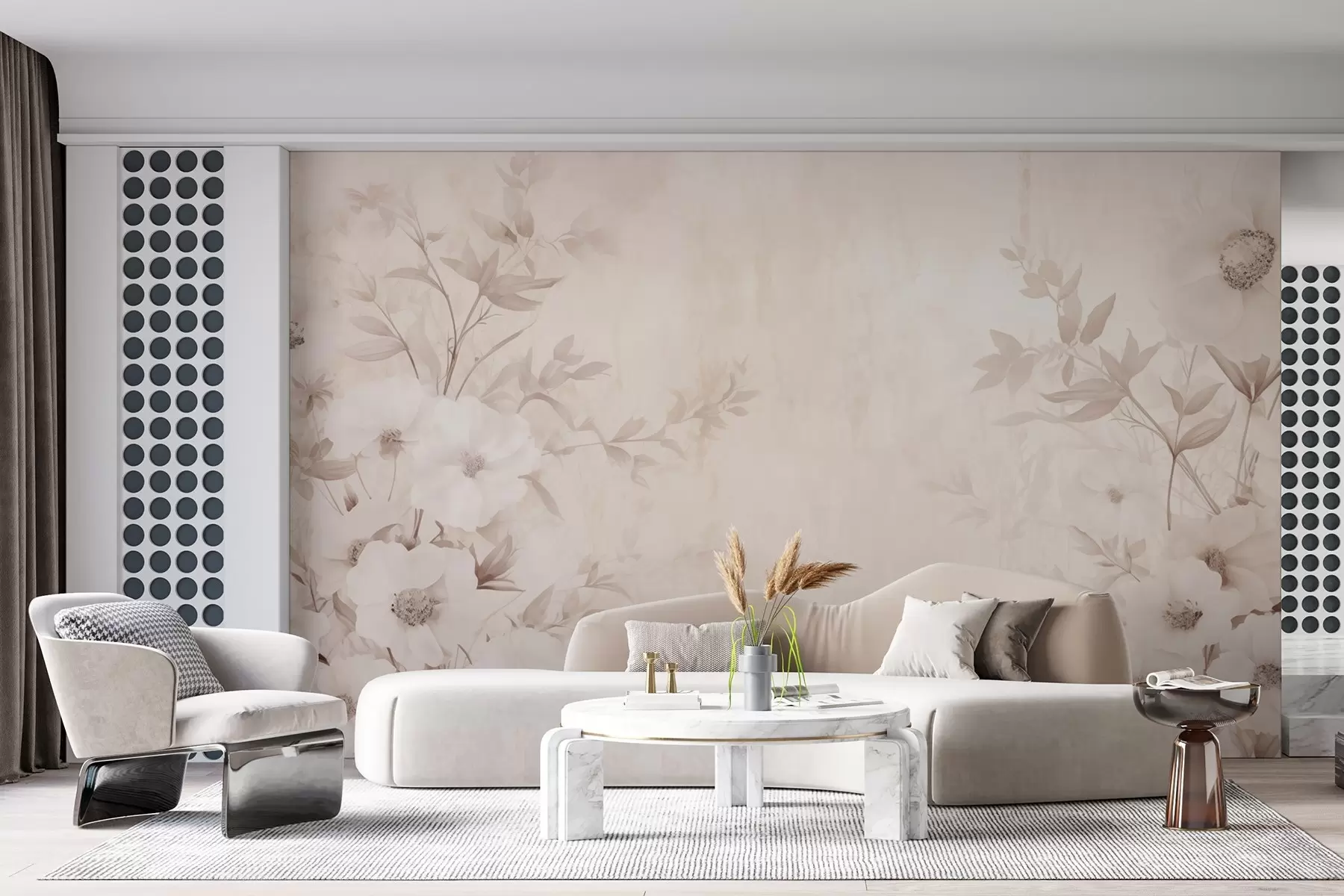 Fototapet Blommor med blad i neutrala ljusa toner i akvarellstil w09040